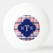 Roze marinewitte preppy Madras Quatrefoil Monogram Pingpongballen (Voorkant)