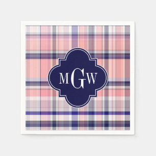 Roze marinewitte preppy Madras Quatrefoil Monogram Servetten