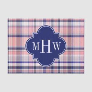 Roze marinewitte preppy Madras Quatrefoil Monogram Tissuepapier