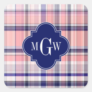 Roze marinewitte preppy Madras Quatrefoil Monogram Vierkante Sticker