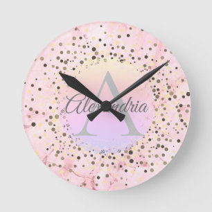 Roze Marmer Gespikkeld Monogram Gepersonaliseerd Ronde Klok