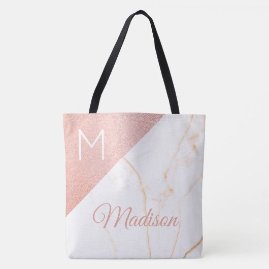 Roze marmer Glitter Trendy Initiaal Naam Monogram Draagtas (Voorkant)