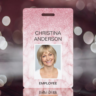 Roze Marmer Glitter Werknemersnaam Foto Zakelijk Badge