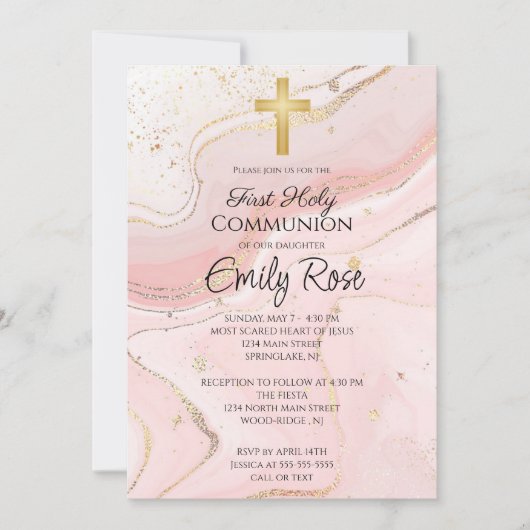 Roze Marmer Heilige Communie Kaart (Voorkant)