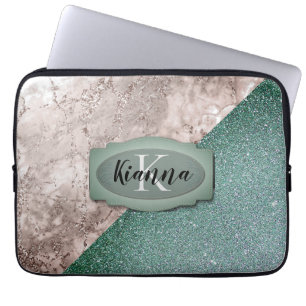 Roze marmer Minty Green Monogram Laptop Sleeve