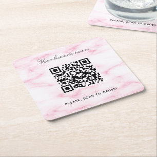 Roze marmeren bedrijfsnaam qr-code vierkante kartonnen onderzetter