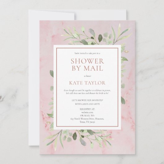 Roze marmeren bruidsdouche per post groene bladere kaart (Voorkant)