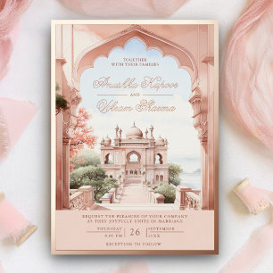 Roze Marmeren Indiase Paleis Trouwkaart Rose Goud Folie Uitnodiging