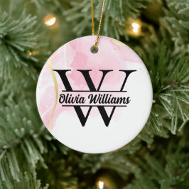 Roze marmeren monogram | Girly Modern Gold Glitter Keramisch Ornament