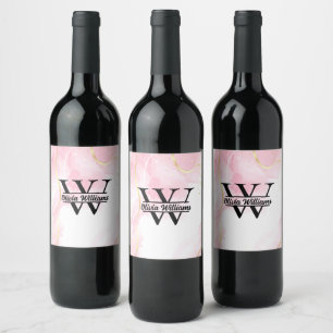 Roze Marmeren Monogram Meisjesachtige Moderne Go Wijn Etiket