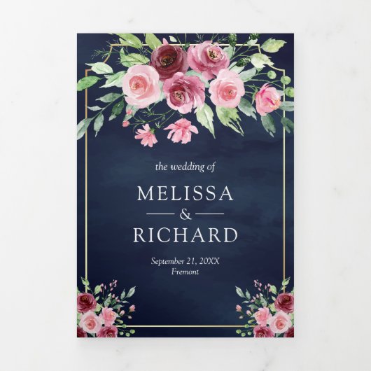 Roze Marsala Bloemen Ampersand Navy QR Code Bruilo Drieluik Uitnodiging (Cover)