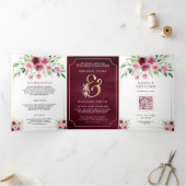 Roze Marsala Bloemen Ampersand QR Code Bruiloft Drieluik Uitnodiging (Binnen)