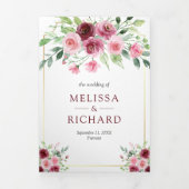 Roze Marsala Bloemen Ampersand QR Code Bruiloft Drieluik Uitnodiging (Cover)