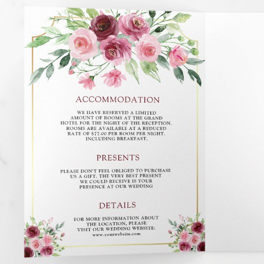 Roze Marsala Bloemen Ampersand QR Code Bruiloft Drieluik Uitnodiging (Binnenzijde eerst)