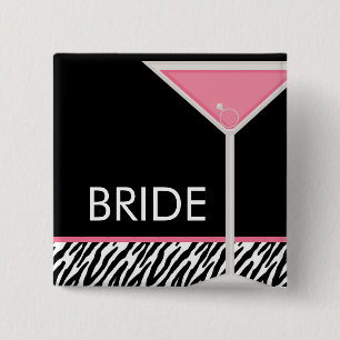 Roze Martini "Bride" Bachelorette Party Vierkante Button 5,1 Cm