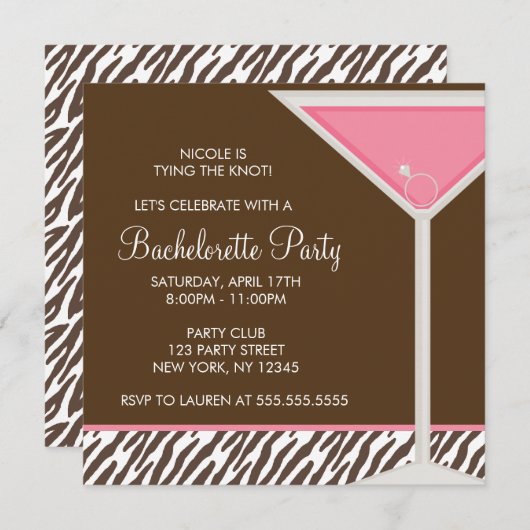 Roze Martini en Brown Zebra Pattern Kaart (Voorkant / Achterkant)