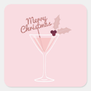 Roze Martini Kerstmis Vierkante Sticker