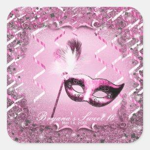 Roze Maskerade Masker Elegant Bal Feest Vierkante Sticker