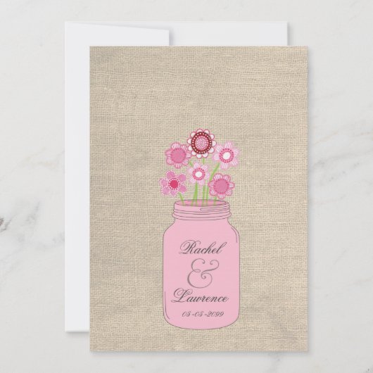 Roze Mason Jar Bloemen & Burlap bruiloft uitnodigi Kaart (Achterkant)