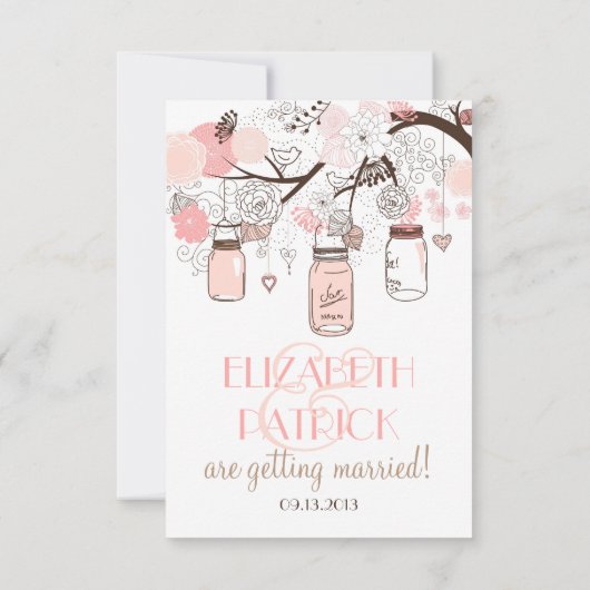 Roze Mason Jars en Tortelduifjes Reception Kaart (Achterkant)
