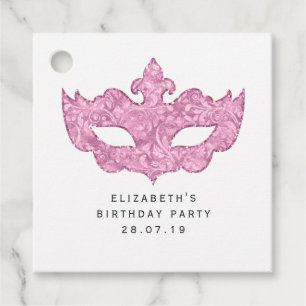 roze Masquerade Masker en Damask Bedankjes Labels