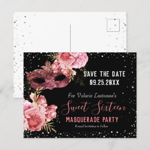 Roze Masquerade Sweet Sixteen Save the Date Briefkaart