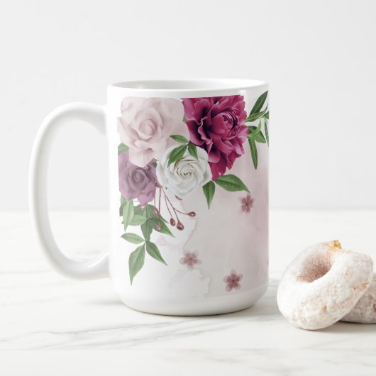 roze mauve bloemen groen koffiemok (Met donut)