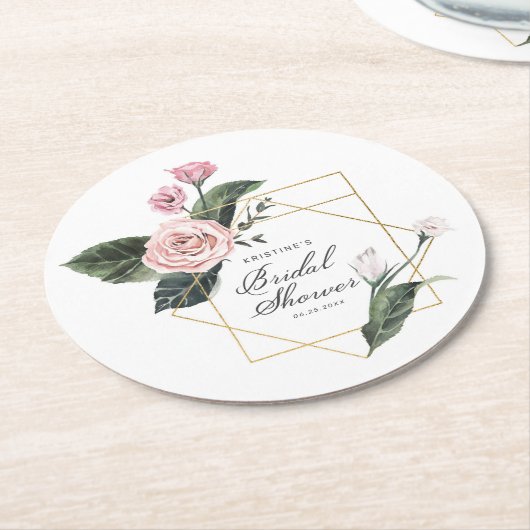 Roze Mauve Roos Bloemig Gouden Frame Bruidsdouche Ronde Kartonnen Onderzetter (Gebogen)