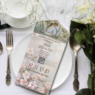 Roze Mauve Sakura Kersenbloesems Foto QR-code All In One Uitnodiging