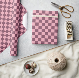 Roze Mauve Schachbrett Geruit Meisjesachtig Retro Cadeaupapier
