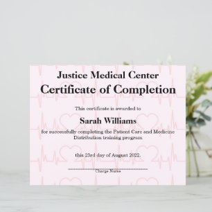 Roze medisch of verpleegcertificaat van voltooiing