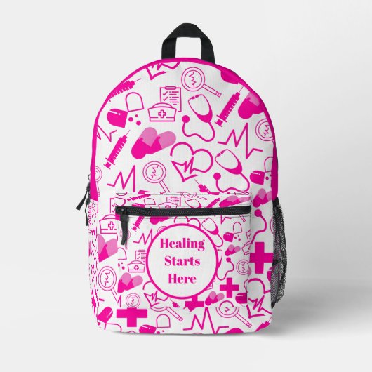 Roze Medische Iconen Patroon  Gezondheidszorg Bedrukte Rugzak (Voorkant)