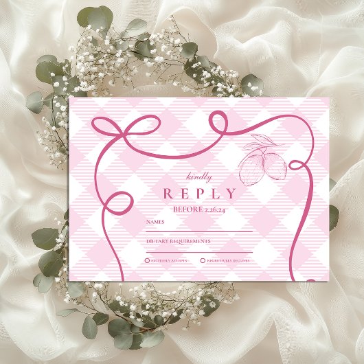 Roze Mediterrane Bow Gingham Lemons Wedding RSVP Kaartje