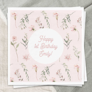 Roze Meisje 1e Verjaardag Wildbloem en groen Servet