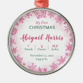 Roze Meisje Baby's Eerste Kerstmis Geboorte Statis Metalen Ornament (Voorkant)