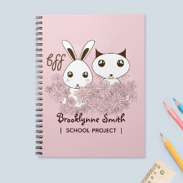 Roze meisje BFF Schattige Cartoon Kitten en Bunny  Notitieboek
