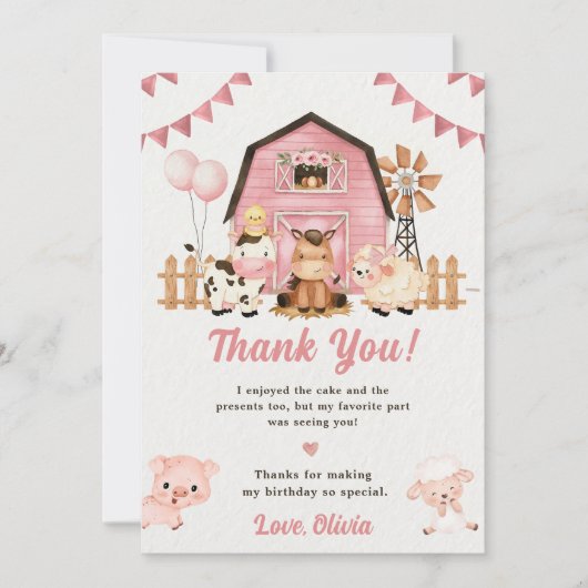 Roze Meisje Boerderijdieren Verjaardag Dankjewel K Kaart (Voorkant)