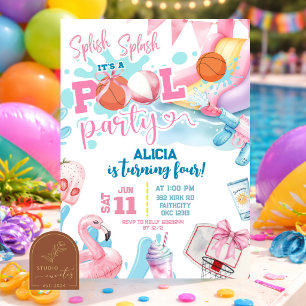 Roze Meisje Boog Basketbal Zwembad Feest Verjaarda Kaart