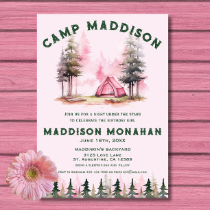 Roze Meisje Camping Verjaardag Uitnodiging
