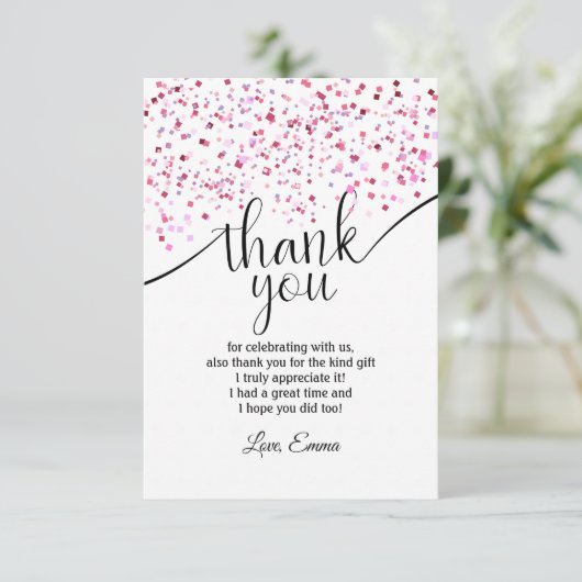 roze, meisje, confetti, bedankt kaart (Staand voorkant)