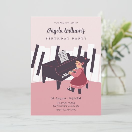 Roze meisje dat piano speelt kaart (Staand voorkant)