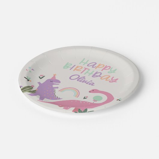 Roze Meisje Dinosaurus 5e Verjaardag Feestschuim T Papieren Bordje (Gekanteld)