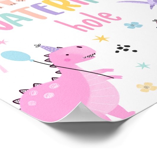 Roze Meisje Dinosaurus Watering Hole Verjaardagsfe Poster (Hoek)