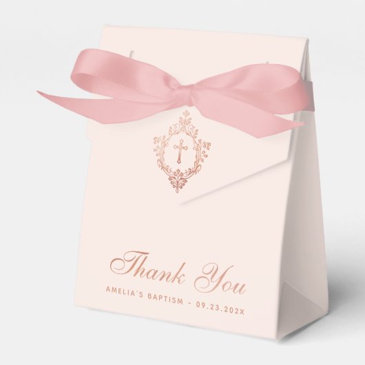 Roze Meisje Doop Cross Crest Roos Goud Dank u Bedankdoosjes (Voorkant Zijde)