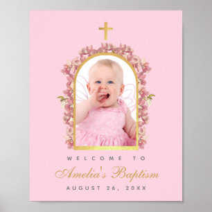 Roze Meisje Doop Foto Gouden Boog Orchideeën Welko Poster