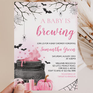 Roze Meisje Een Baby Brouwt Halloween Baby Shower Kaart