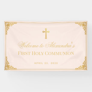 Roze Meisje Eerste Communie Faux Gold Cross Welkom Spandoek