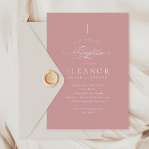 Roze Meisje Elegant Cross Kalligrafie Doop Kaart