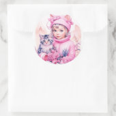 Roze Meisje en Grijs Kitten Kerstmis Ronde Sticker (Tas)