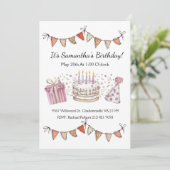 Roze Meisje Feestdecoraties Verjaardag Uitnodiging (Staand voorkant)